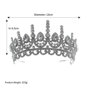 Silver rhinestone bridal crown measurements showing 13cm diameter and 6.5cm height
