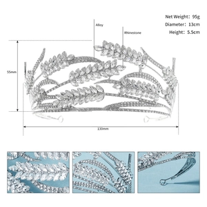 Detailed specs of alloy bridal tiara with rhinestones measuring 13cm diameter and 5.5cm height