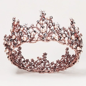 Baroque Alloy Artificial Pearl Rhinestone Wedding Crown Retro Full Circle Rose Gold Bridal Tiara For Women Party Hair Accessories