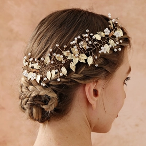 Vite per Capelli da Sposa Foglia d'Oro Vintage Con Künstliche Perle Imitate Strass Pettine Fiore Fatto a Mano per Matrimonio Festa Donna Gioielli