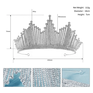 Detail view of rhinestone bridal crown showing dimensions 14cm diameter and 7cm height