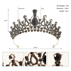 Detail view of vintage black rhinestone crown showing size dimensions and alloy frame