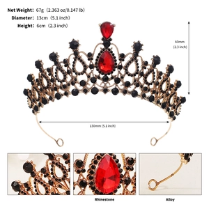 Baroque wedding crown with red rhinestones showing dimensions: 13cm diameter and 6cm height