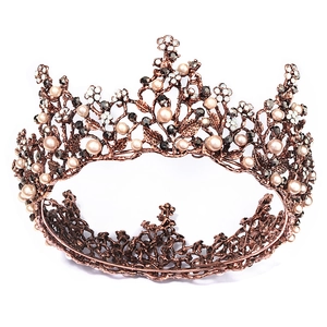 Baroque bridal tiara with vintage bronze alloy pearls and sparkling crystals for weddings
