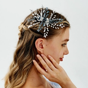 Peigne à Cheveux Mariée Fait Main en Cristal Acrylique Élégant Bleu Blanc Künstliche Perle d'Imitation Fleur Feuille Strass Mariage