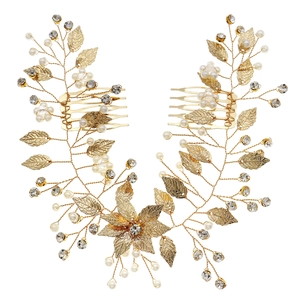 Pettini per capelli da sposa dorati con perle e strass in design a foglia
