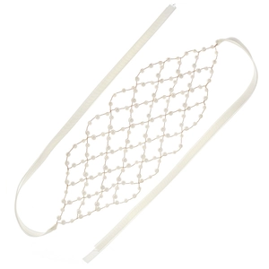Exotic bridal pearl mesh headband with gold wire weaving and white ribbon ties