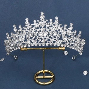 Close-up of luxury bridal tiara with silver rhinestones and intricate floral structure