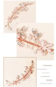Macro detail of bridal hair clip with rose gold metal flowers, pearls and crystals
