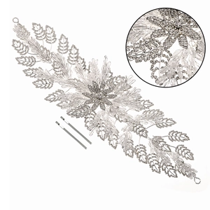 Silver bridal headband with crystal beads and metallic leaves on a clean white background