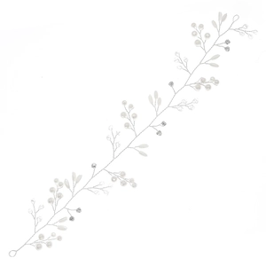 Elegant silver bridal hair vine with white pearls and crystal beads on a white background