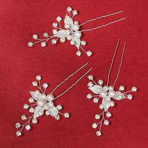 Set forcine per capelli da sposa con foglie d'argento, perle bianche e strass