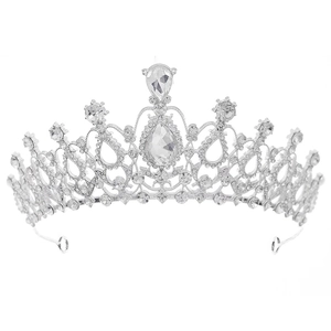 Elegant silver alloy bridal crown with sparkling rhinestones and pear-shaped center stone