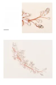 Close-up of handmade rose gold bridal hairpiece with pink leaves and pearls
