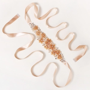 Ceinture de mariée champagne élégante avec perles faites main et strass scintillants