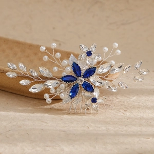 Handmade bridal hair comb with deep blue crystals, pearls and silver floral wire