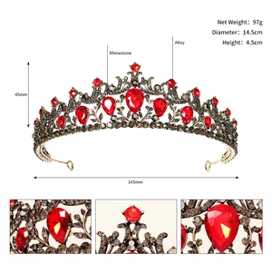 Detailed specs of the vintage alloy tiara with red rhinestones, size 14.5x4.5cm