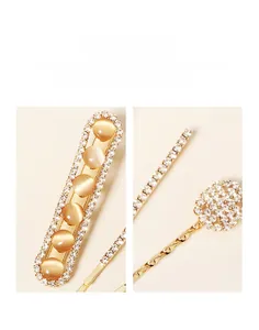 Lot de 3 barrettes à cheveux avec pierres œil-de-chat et strass sur base dorée