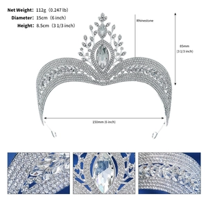 Detailed size specifications of the 112g silver rhinestone tiara with 15cm diameter