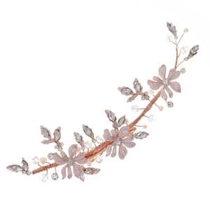 Luxurious handmade rose gold bridal hair clip with pink flowers, pearls and crystals