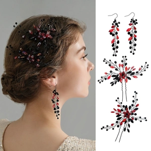 Épingles À Cheveux Et Boucles D'Oreilles Vintage Faites À La Main Strass Rouges Et Noirs Accessoires De Cheveux De Mariée Gothiques Pour Femmes