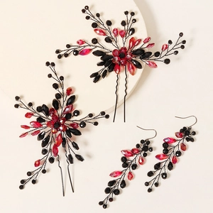 Parure de épingles à cheveux et boucles d'oreilles en cristal rouge et noir fait main