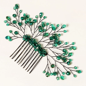 Pettine per capelli artigianale con foglie di cristallo verde per acconciature sposa
