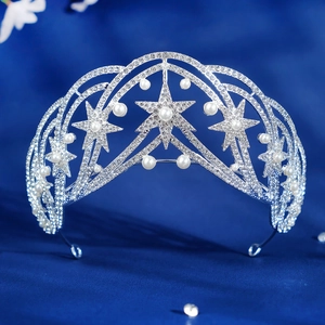 Elegant silver star crown with sparkling rhinestones and pearls for weddings