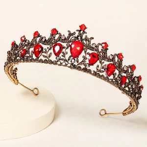 Vintage Baroque bridal crown with red rhinestones and antique gold alloy frame