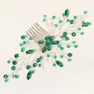 Pettine per capelli da sposa argento con cristalli verde scuro e strass per nozze