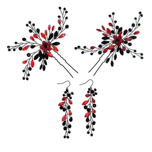 Parure gothique de barrettes et boucles d'oreilles à pompons avec cristaux rouges de fête