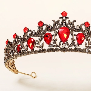 Baroque vintage bridal crown with red teardrop rhinestones and antique gold finish