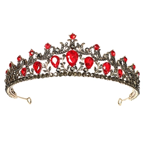 Vintage bridal alloy tiara with red water drop rhinestones and antique silver base