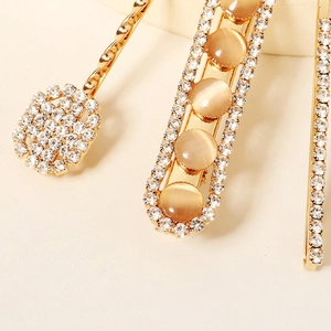 Lot de 3 barrettes dorées élégantes avec strass et pierres œil-de-chat pour femme