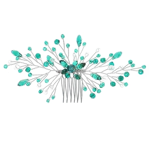 Pettine per capelli da sposa argento con cristalli verdi e strass per banchetto nuziale