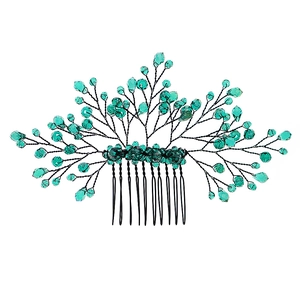 Elegant green crystal bead hair comb with leaf motif and black wire for bridal hairstyles