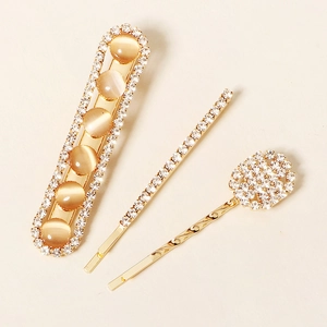 Élégant ensemble de 3 barrettes dorées avec pierres œil de chat ambrées et strass brillants