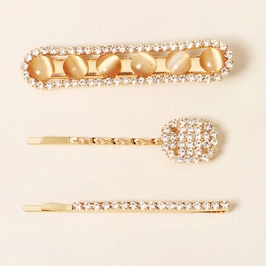 Set de 3 barrettes dorées avec pierres œil de chat champagne et strass scintillants