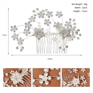 Detailed view of handmade silver bridal hair comb with pearls and crystals 12cm wide