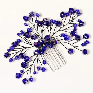 Peigne à cheveux de mariée élégant avec perles de cristal bleu foncé sur fils argentés
