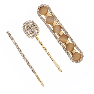 Set de 3 barrettes élégantes en métal doré avec strass et pierres œil-de-chat marron