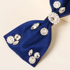 Elegant navy blue satin bow hair clip with sparkling rhinestones for women's hairstyle