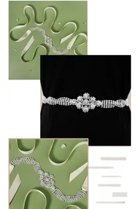 Detailed views of bridal rhinestone waist belt with elegant cream satin ribbon tie