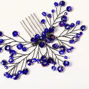 Deep blue crystal beaded bridal hair comb with branch design for elegant wedding hairstyles