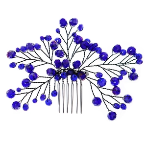 Elegante peineta de novia con cuentas de color azul oscuro y alfileres de plata de boda