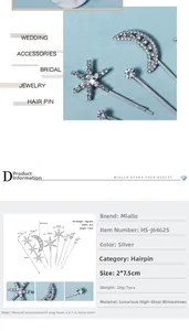 Vue détaillée du lot de barrettes étoile et lune en strass argenté avec mesures de 2x7,5cm