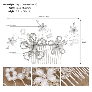 Detailed bridal hair comb dimensions with pearls and rhinestones flower design