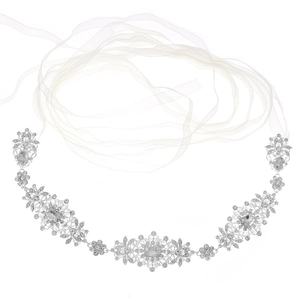 Cinturón de novia elegante con diamantes de imitación plateados y cintas de organza