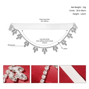 Detail showing elastic rhinestone wedding garter with dimensions and crystal pendant