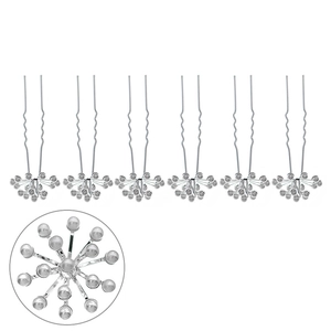 Elegant silver U-shaped bridal hair pins with pearl starburst floral design set of 6